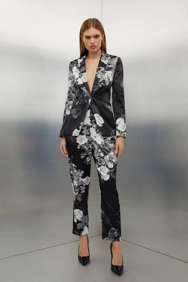 CoOrds Women Karen Millen Italian Structured Satin Floral Bloom Printed Blazer and Trouser Set Mono