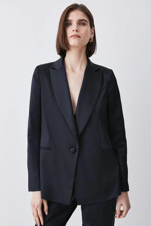 CoOrds Women Karen Millen Italian Structured Satin Tailored Single Breasted Jacket and Trouser Set Black CoOrds Women Karen Millen Italian Structured Satin Tailored Single Breasted Jacket and Trouser Set Black