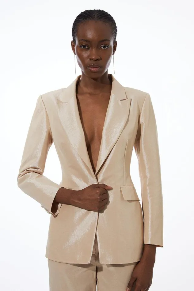 CoOrds Women Karen Millen Metallic Taffeta Single Breasted Tailored Blazer Champagne