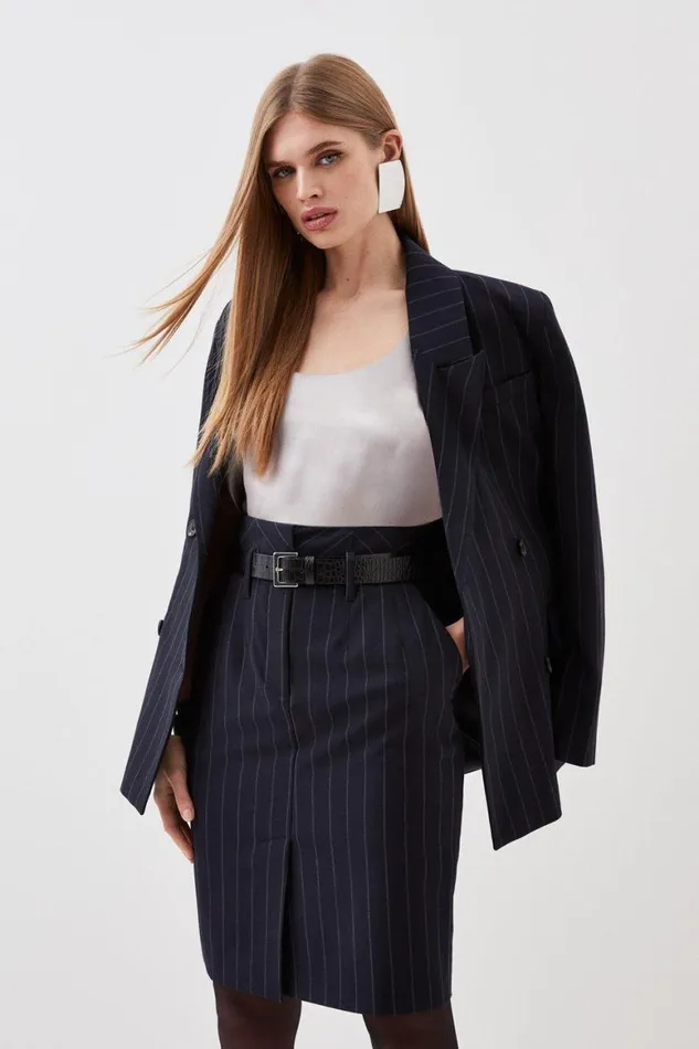 CoOrds Women Karen Millen Tailored Strong Shoulder Striped Double Breasted Blazer and Skirt Set Black