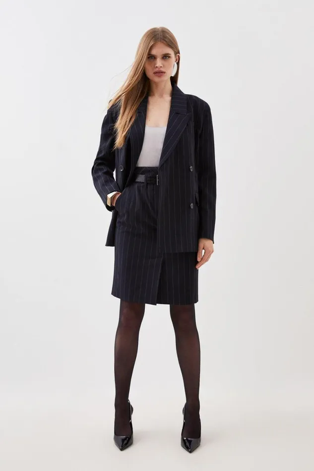 CoOrds Women Karen Millen Tailored Strong Shoulder Striped Double Breasted Blazer and Skirt Set Black