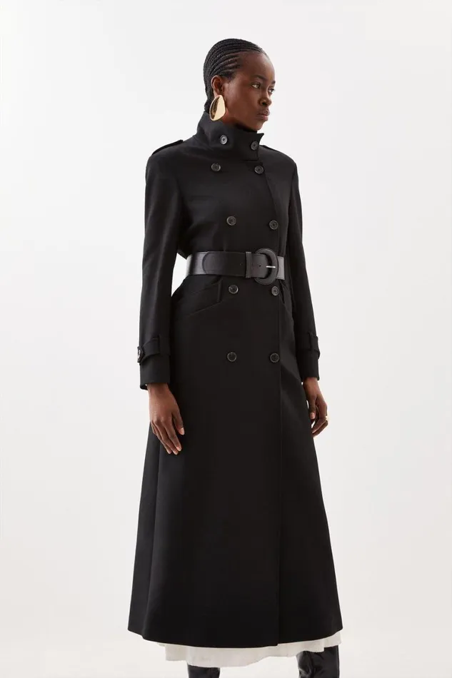 Coats and Jackets Women Karen Millen Compact Stretch Belted Double Breasted Maxi Tailored Coat Black