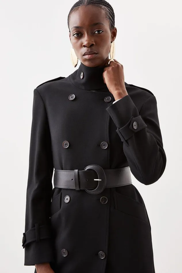 Coats and Jackets Women Karen Millen Compact Stretch Belted Double Breasted Maxi Tailored Coat Black