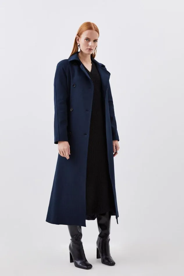 Coats and Jackets Women Karen Millen Compact Stretch Double Breasted Button Detail Belted Coat Dark Navy