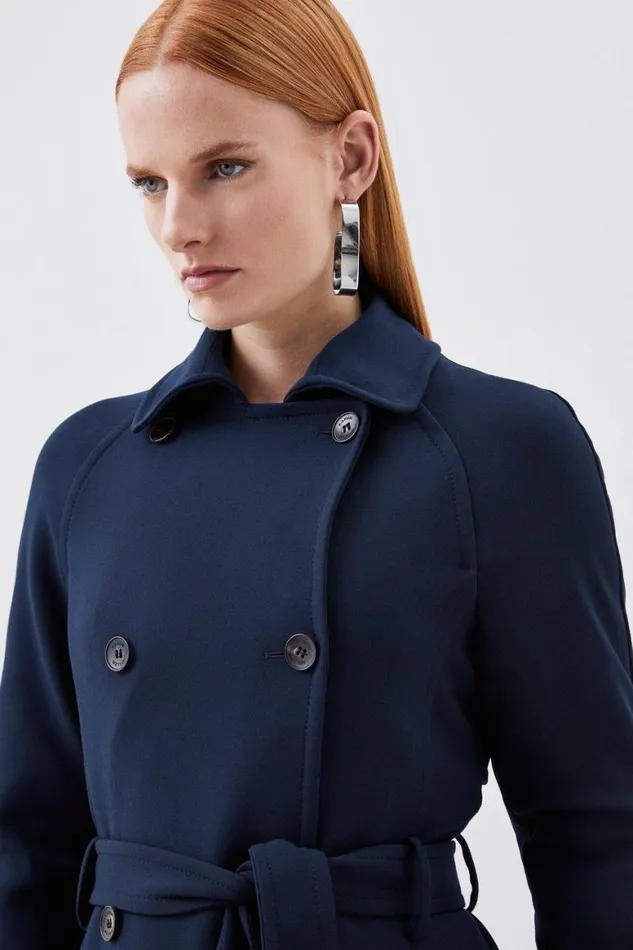 Coats and Jackets Women Karen Millen Compact Stretch Double Breasted Button Detail Belted Coat Dark Navy