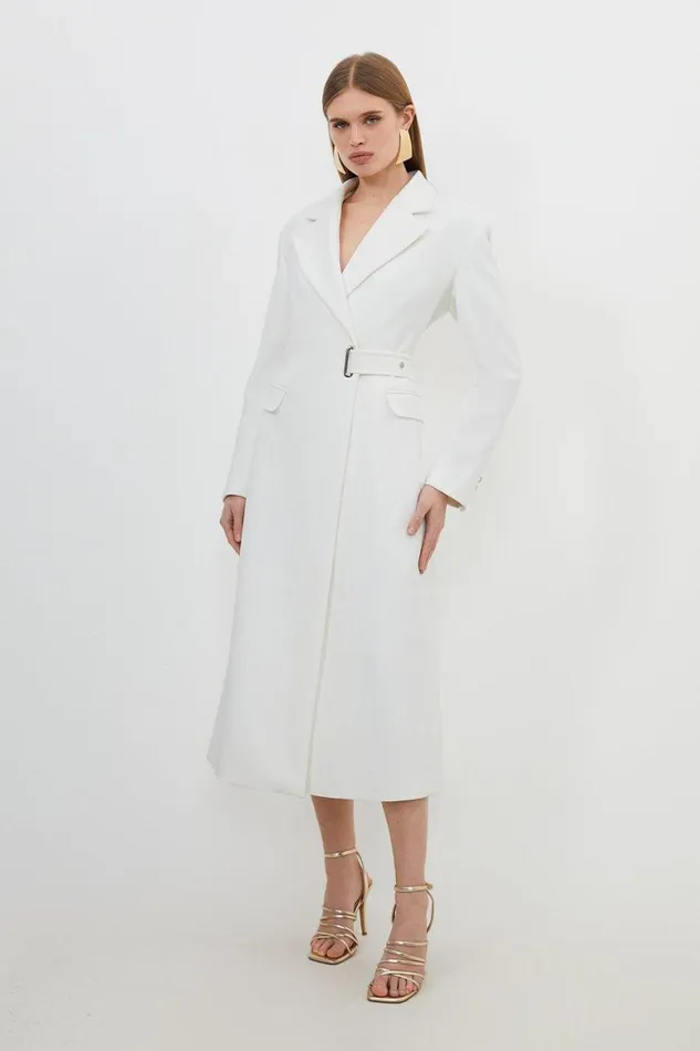 Coats and Jackets Women Karen Millen Compact Stretch Side Tie Detail Midi Coat Ivory