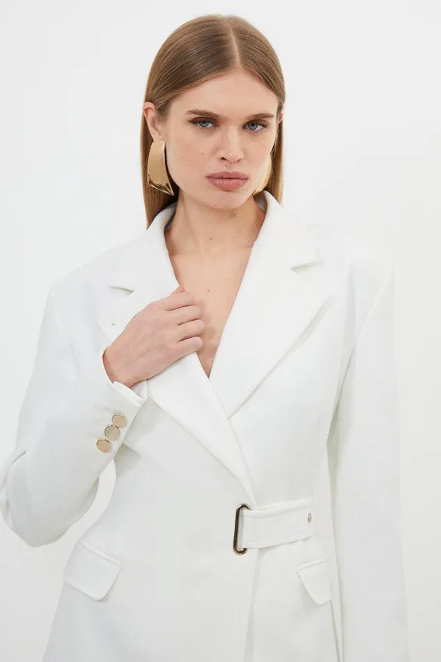 Coats and Jackets Women Karen Millen Compact Stretch Side Tie Detail Midi Coat Ivory