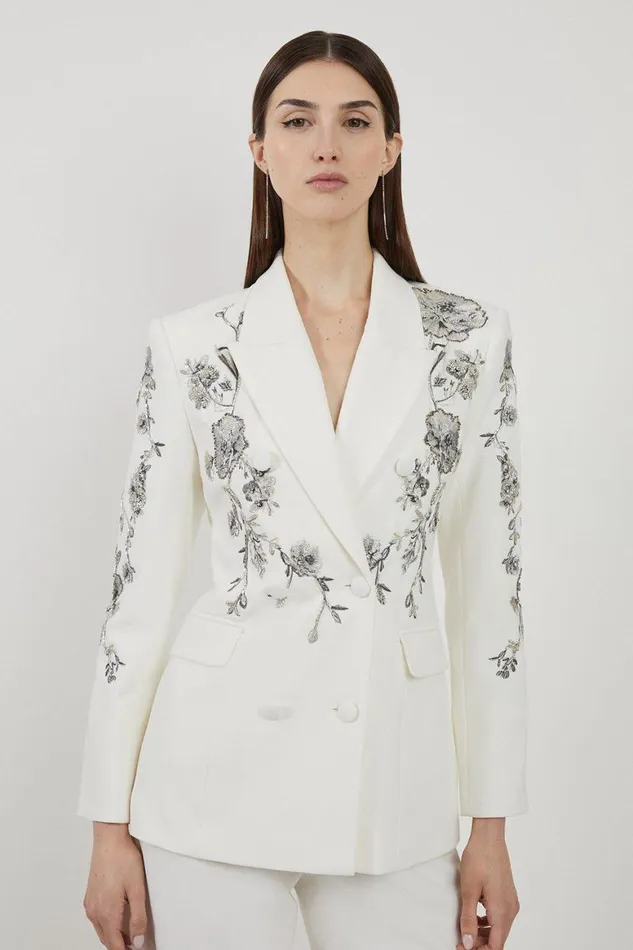 Coats and Jackets Women Karen Millen Crystal Embellished Embroidered Double Breasted Blazer Ivory Coats and Jackets Women Karen Millen Crystal Embellished Embroidered Double Breasted Blazer Ivory