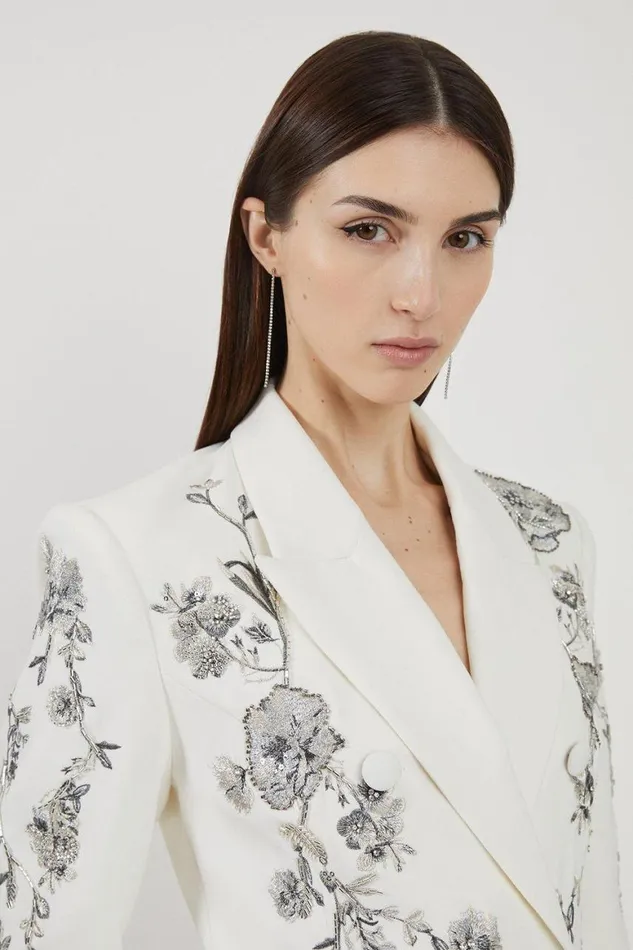 Coats and Jackets Women Karen Millen Crystal Embellished Embroidered Double Breasted Blazer Ivory
