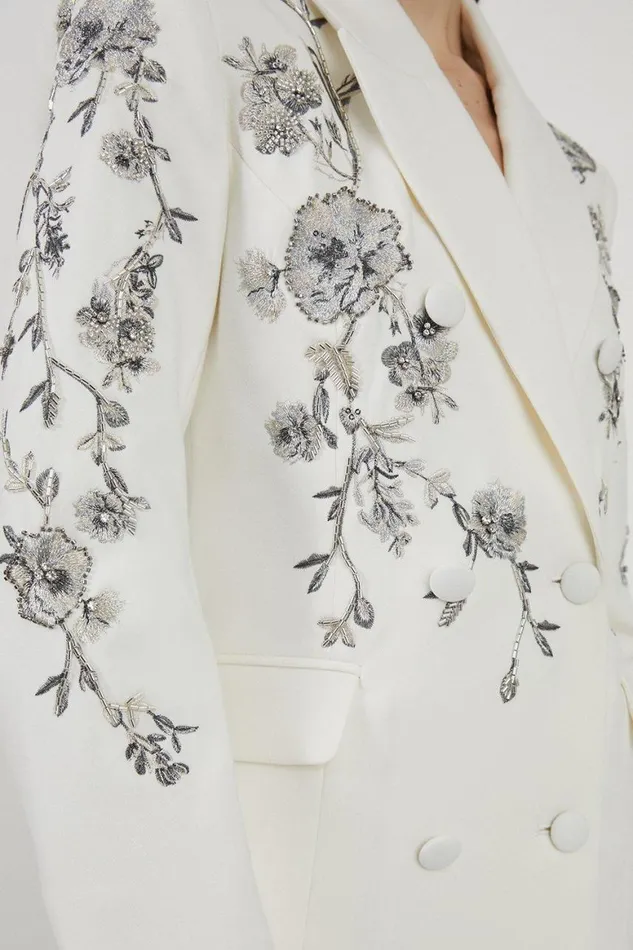 Coats and Jackets Women Karen Millen Crystal Embellished Embroidered Double Breasted Blazer Ivory