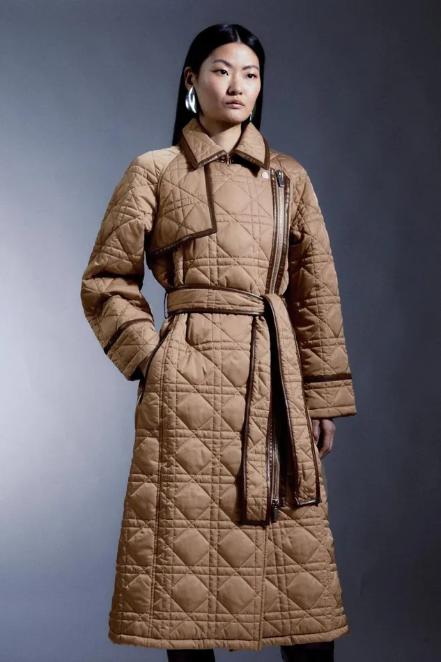 Coats and Jackets Women Karen Millen Diamond Quilt Contrast Binding Belted Trench Coat Camel Coats and Jackets Women Karen Millen Diamond Quilt Contrast Binding Belted Trench Coat Camel