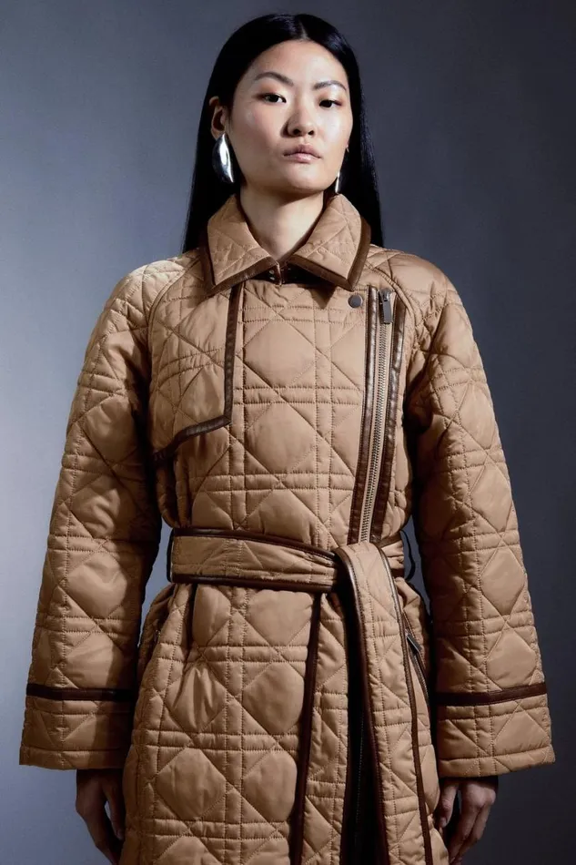 Coats and Jackets Women Karen Millen Diamond Quilt Contrast Binding Belted Trench Coat Camel
