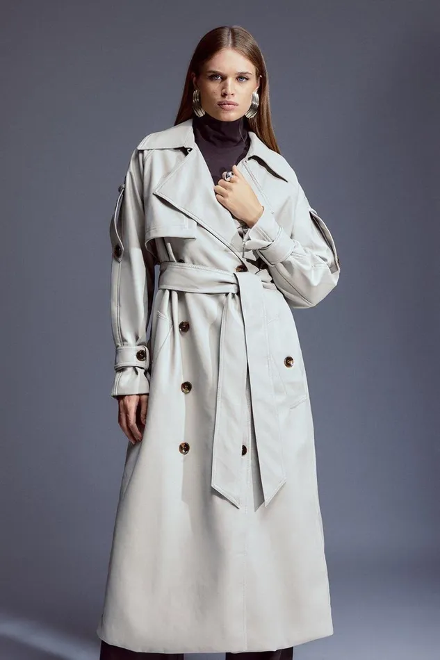 Coats and Jackets Women Karen Millen Faux Leather Tailored Belted Storm Flap Trench Coat Stone Coats and Jackets Women Karen Millen Faux Leather Tailored Belted Storm Flap Trench Coat Stone