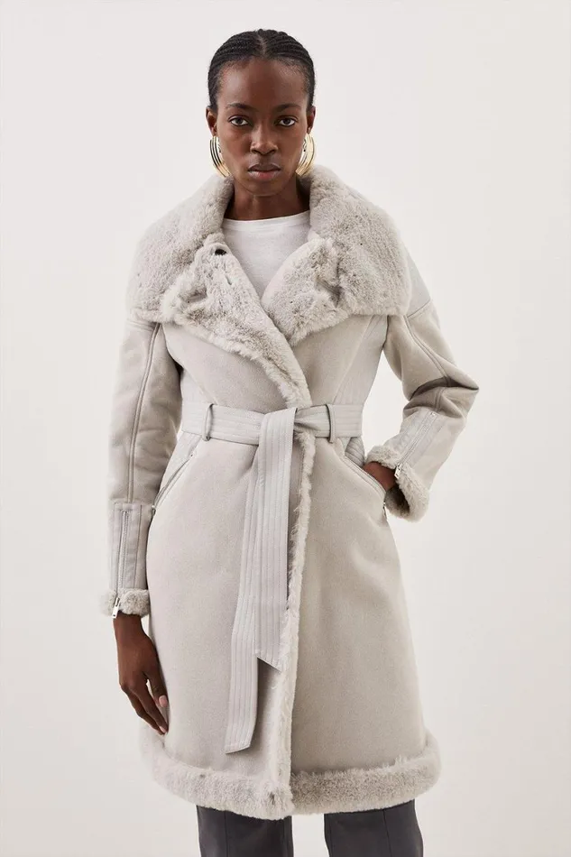 Coats and Jackets Women Karen Millen Faux Shearling Biker Longline Belted Coat Grey
