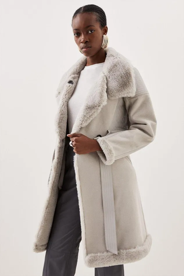 Coats and Jackets Women Karen Millen Faux Shearling Biker Longline Belted Coat Grey