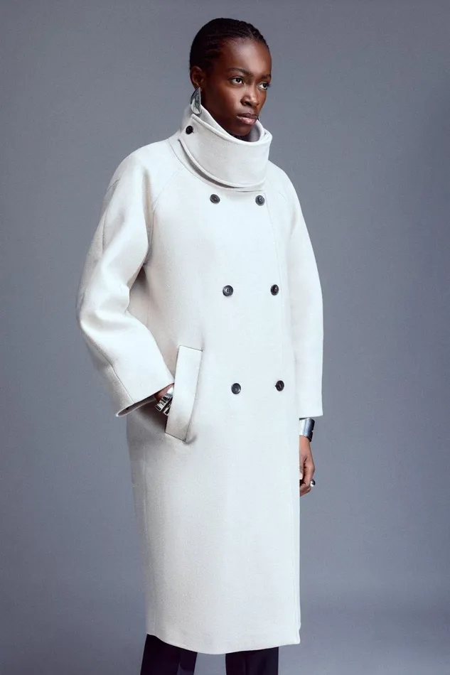 Coats and Jackets Women Karen Millen Italian Manteco Wool Blend High Neck Rounded Coat Oatmeal