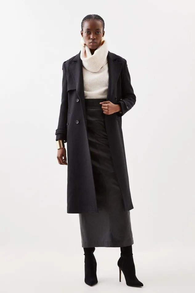 Coats and Jackets Women Karen Millen Italian Manteco Wool Blend Self Tie Belted Trench Coat Black Coats and Jackets Women Karen Millen Italian Manteco Wool Blend Self Tie Belted Trench Coat Black