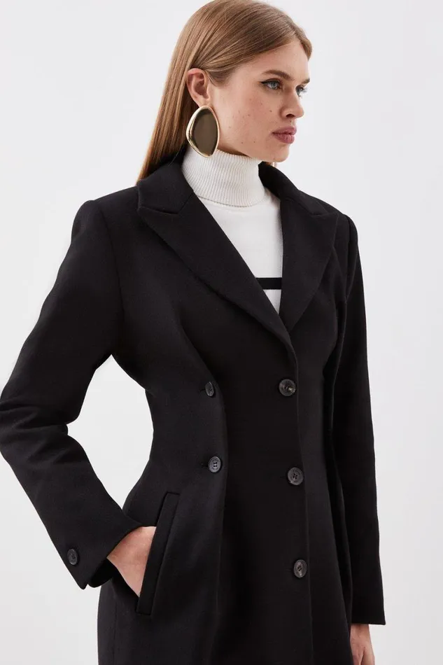 Coats and Jackets Women Karen Millen Italian Manteco Wool Button Waist Detail Tailored Coat Black