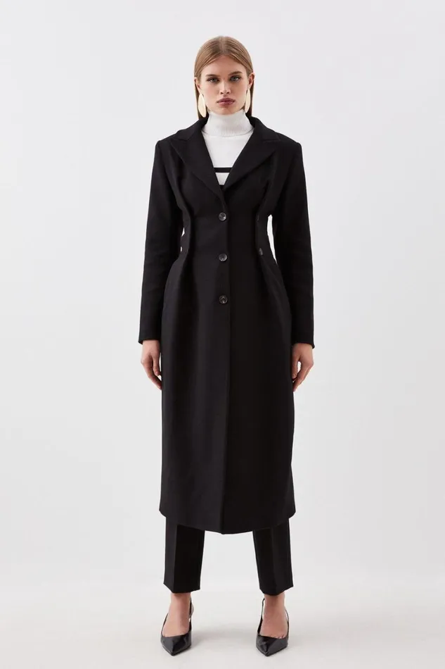 Coats and Jackets Women Karen Millen Italian Manteco Wool Button Waist Detail Tailored Coat Black