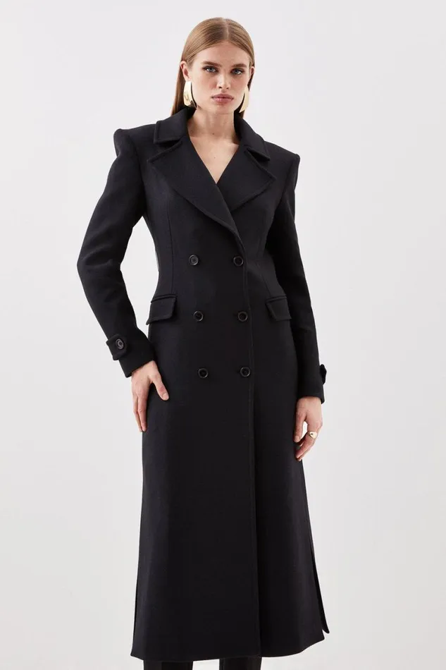 Coats and Jackets Women Karen Millen Italian Manteco Wool Double Breasted Tab Detail Belted Longline Coat Black