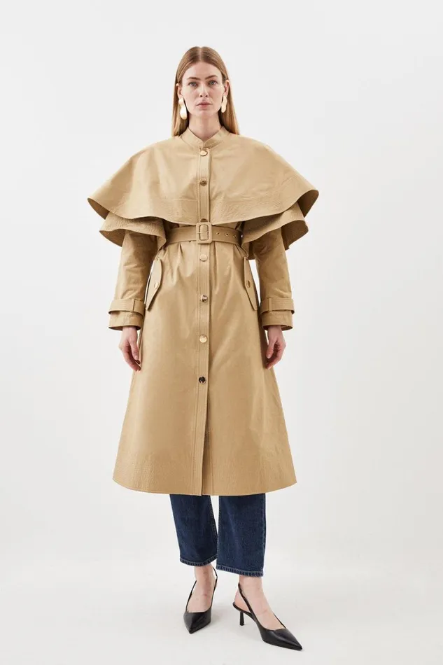 Coats and Jackets Women Karen Millen Layered Storm Flap Belted Trench Coat Stone