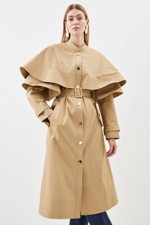 Coats and Jackets Women Karen Millen Layered Storm Flap Belted Trench Coat Stone