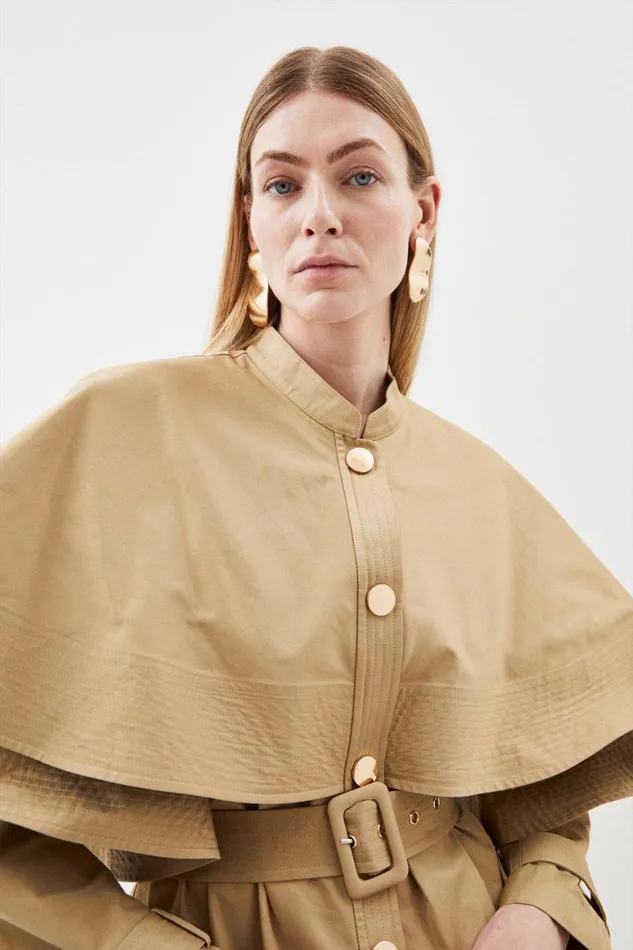 Coats and Jackets Women Karen Millen Layered Storm Flap Belted Trench Coat Stone