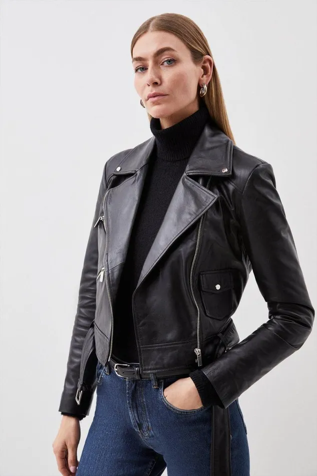 Coats and Jackets Women Karen Millen Leather Asymmetric Zip Detail Biker Jacket Black
