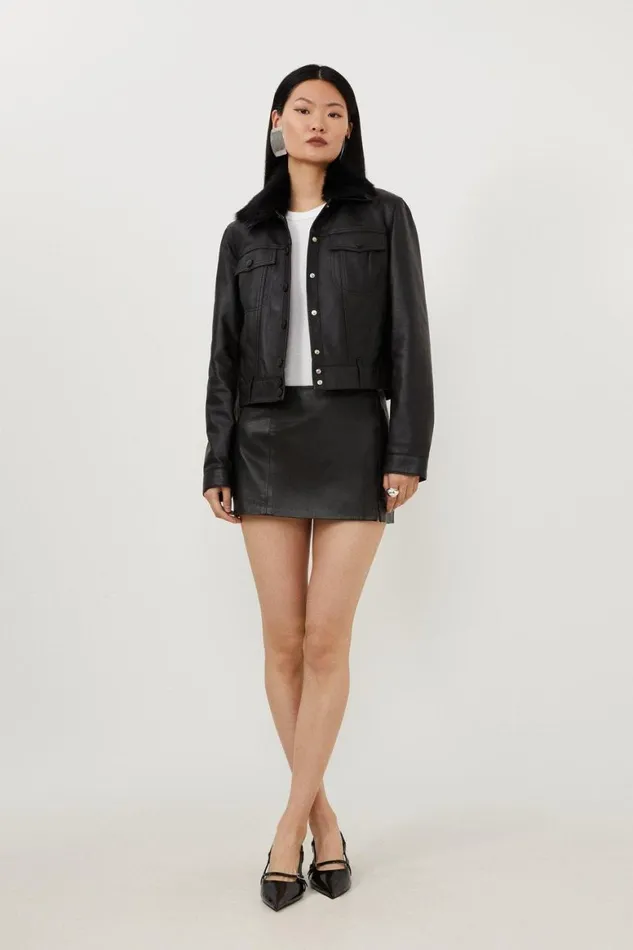 Coats and Jackets Women Karen Millen Leather Detachable Shearling Collar Trucker Jacket Black