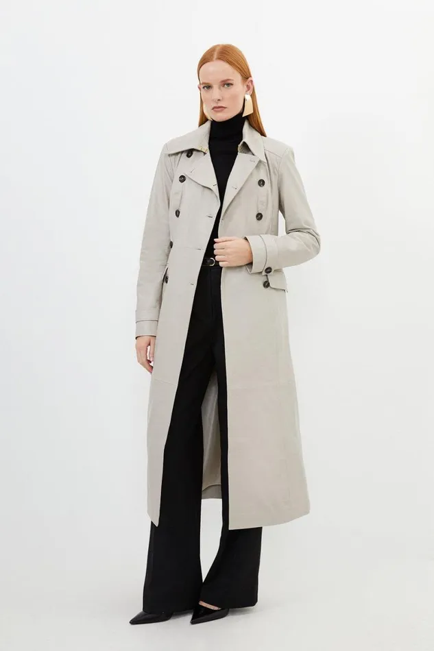 Coats and Jackets Women Karen Millen Leather Double Breasted Military Midi Coat Oatmeal Coats and Jackets Women Karen Millen Leather Double Breasted Military Midi Coat Oatmeal