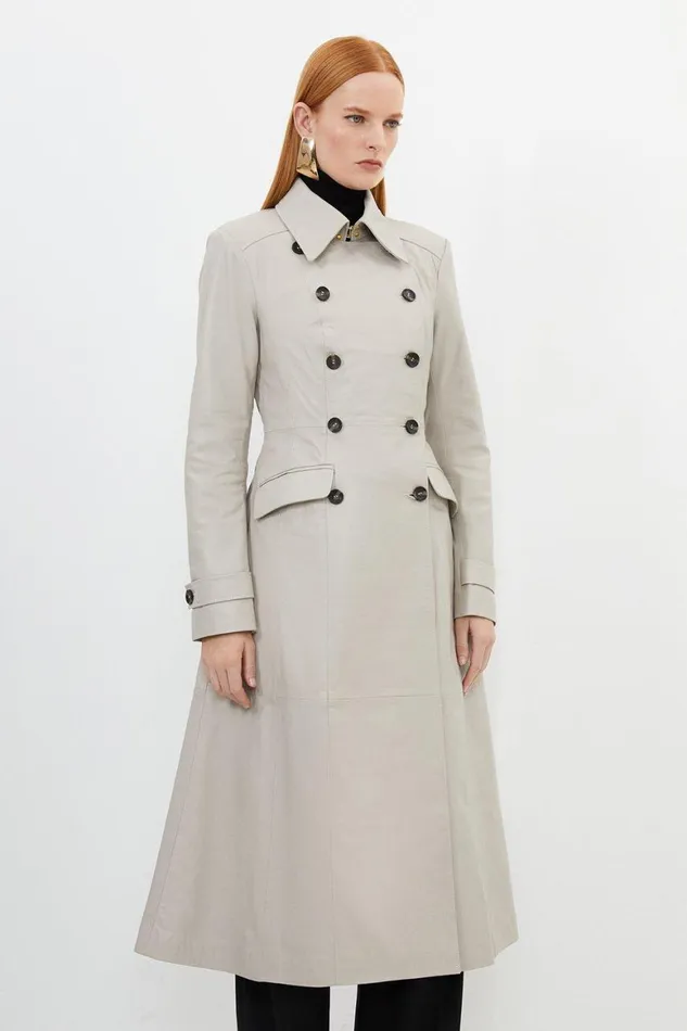 Coats and Jackets Women Karen Millen Leather Double Breasted Military Midi Coat Oatmeal