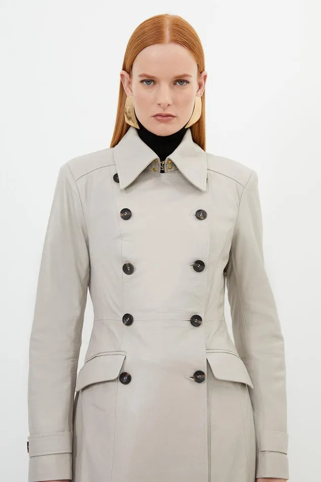 Coats and Jackets Women Karen Millen Leather Double Breasted Military Midi Coat Oatmeal