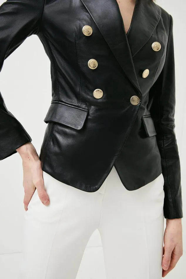 Coats and Jackets Women Karen Millen Leather Gold Button Blazer Black