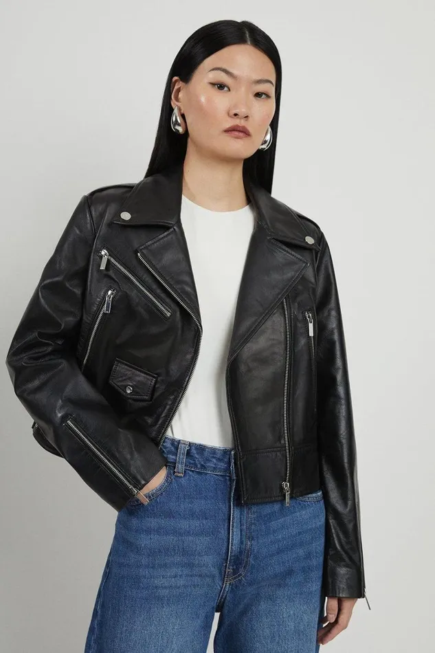 Coats and Jackets Women Karen Millen Leather Pocket Detail Biker Jacket Black