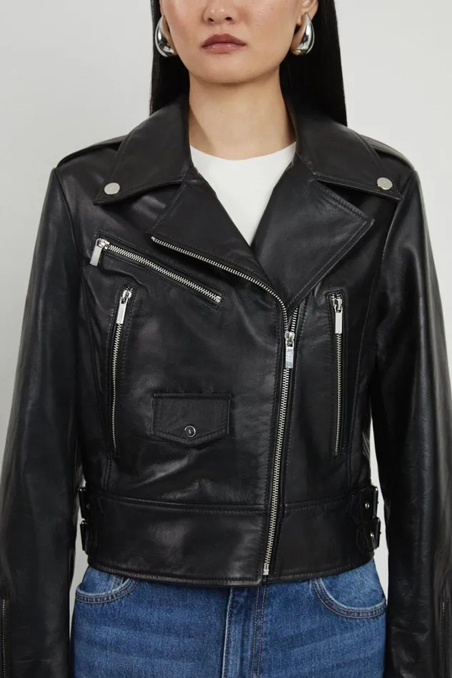 Coats and Jackets Women Karen Millen Leather Pocket Detail Biker Jacket Black