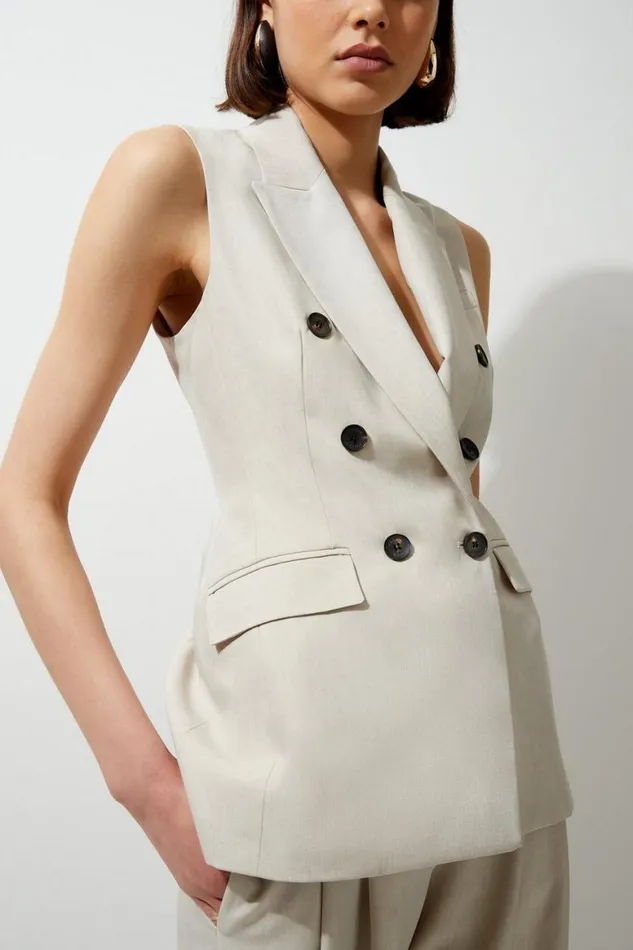 Coats and Jackets Women Karen Millen Melange Double Breasted Sleeveless Tailored Blazer Natural