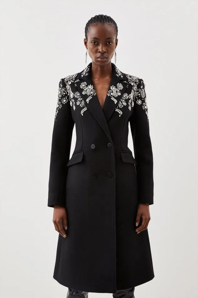Coats and Jackets Women Karen Millen Petite Wool Blend Embellished Double Breasted Coat Black Coats and Jackets Women Karen Millen Petite Wool Blend Embellished Double Breasted Coat Black