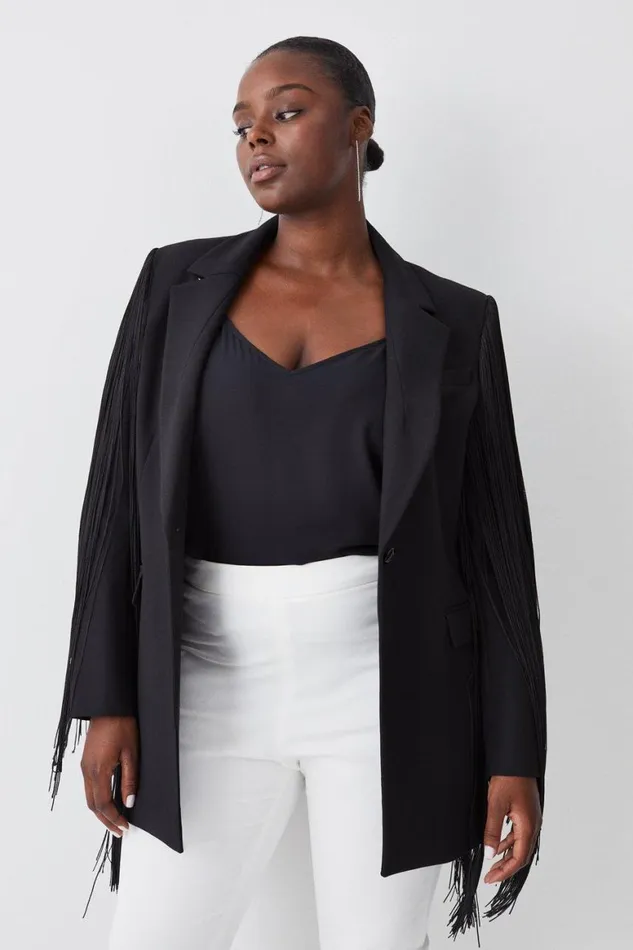 Coats and Jackets Women Karen Millen Plus Size Compact Stretch Tassel Sleeve Detail Blazer Black Coats and Jackets Women Karen Millen Plus Size Compact Stretch Tassel Sleeve Detail Blazer Black