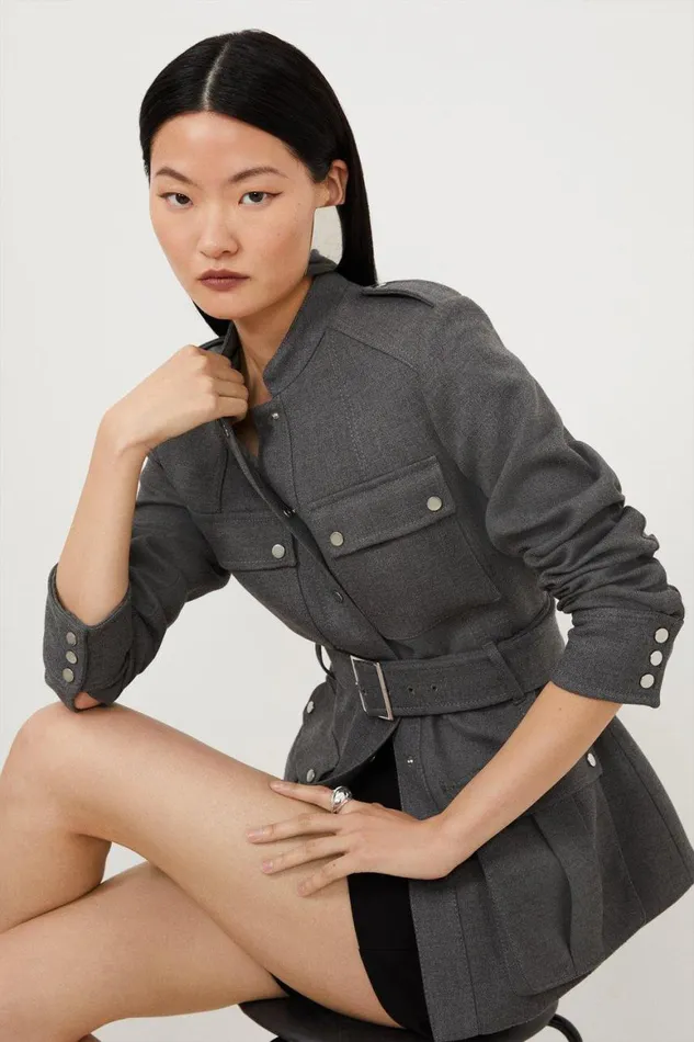 Coats and Jackets Women Karen Millen Tailored Cargo Pocket Belted Button Through Jacket Grey Marl Coats and Jackets Women Karen Millen Tailored Cargo Pocket Belted Button Through Jacket Grey Marl