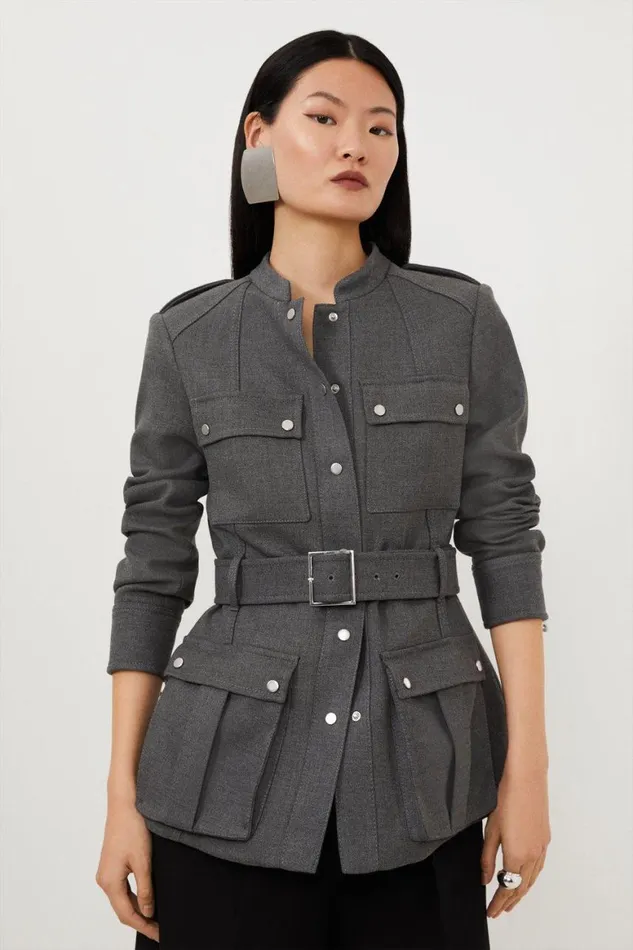 Coats and Jackets Women Karen Millen Tailored Cargo Pocket Belted Button Through Jacket Grey Marl