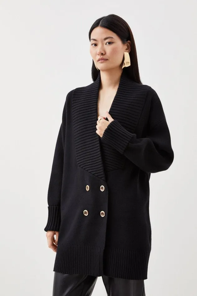 Coats and Jackets Women Karen Millen Viscose Blend Knit Double Breasted Chunky Coatigan Black Coats and Jackets Women Karen Millen Viscose Blend Knit Double Breasted Chunky Coatigan Black