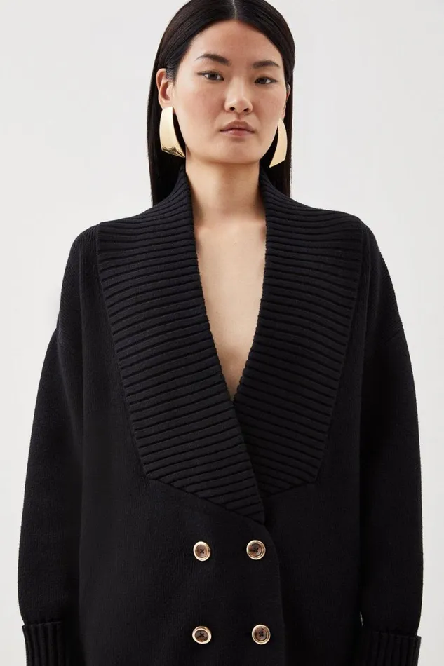 Coats and Jackets Women Karen Millen Viscose Blend Knit Double Breasted Chunky Coatigan Black