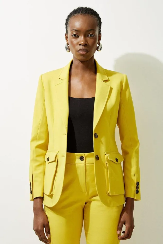 Coats and Jackets Women Karen Millen Viscose Cotton Stretch Pocket Detail Belted Tailored Blazer Ochre