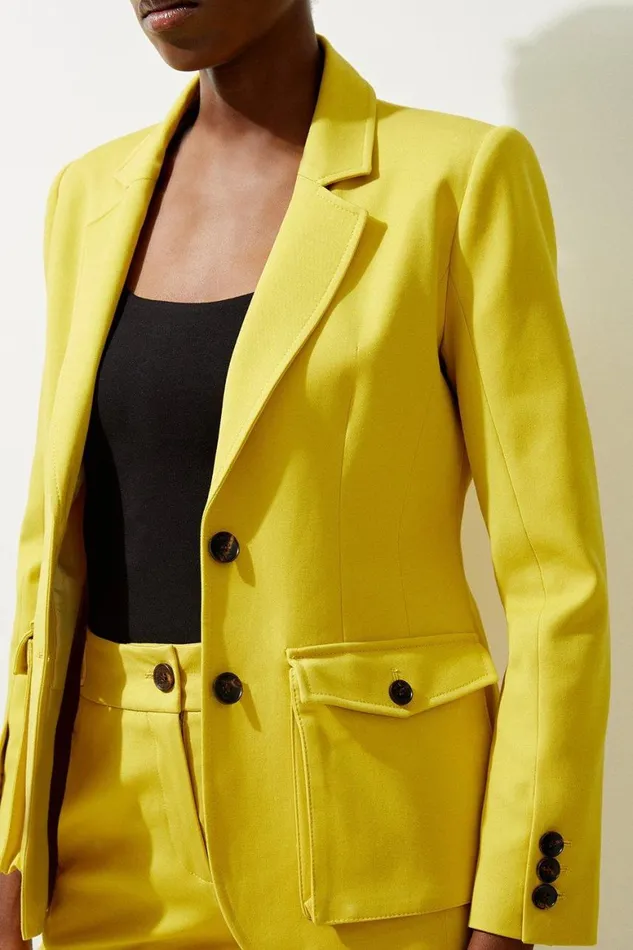 Coats and Jackets Women Karen Millen Viscose Cotton Stretch Pocket Detail Belted Tailored Blazer Ochre