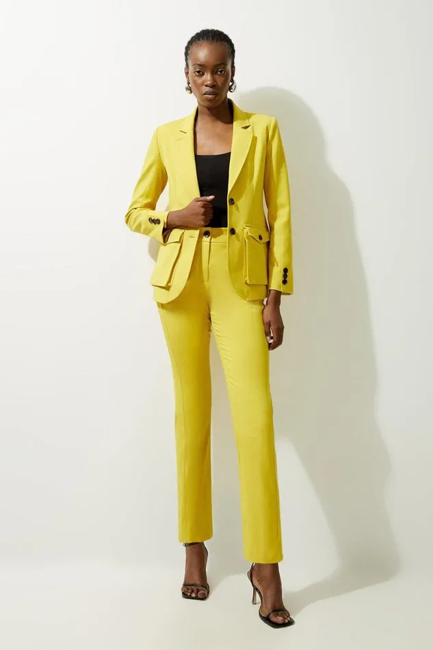 Coats and Jackets Women Karen Millen Viscose Cotton Stretch Pocket Detail Belted Tailored Blazer Ochre