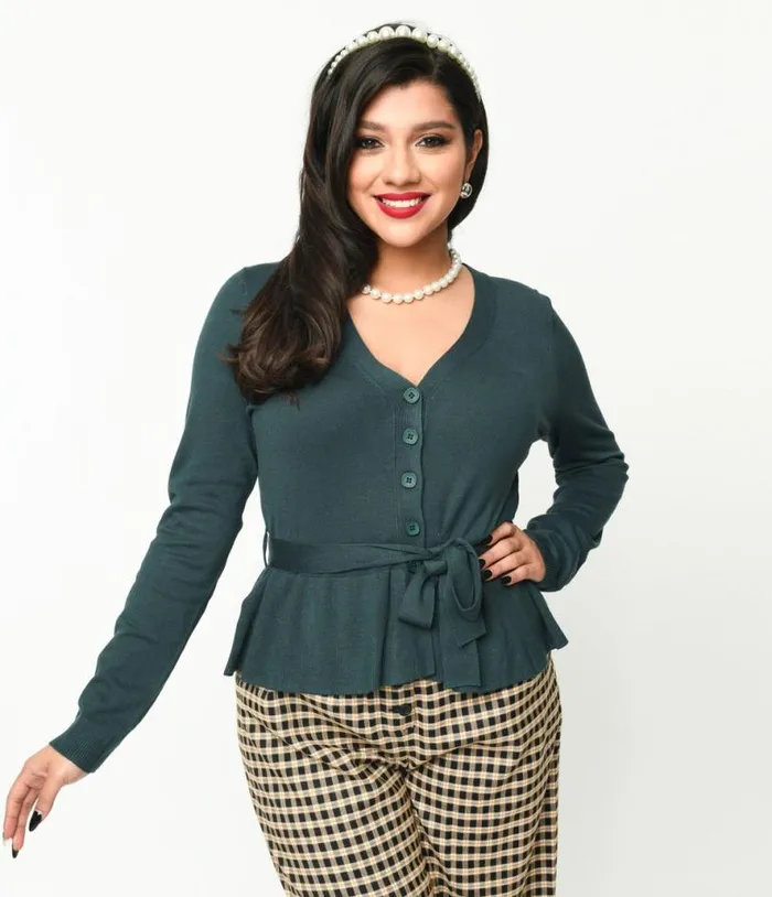 Collectif Forest Green Peplum Cardigan Clothing Unique Vintage Sweaters and Cardigans