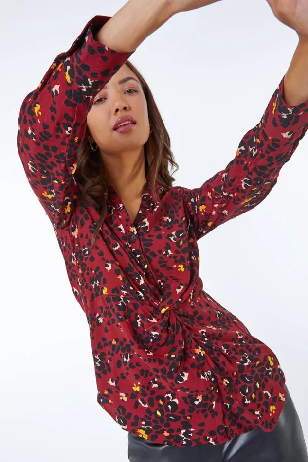 Copper Leopard Print Knot Detail Long Sleeve Blouse Women Roman Tops