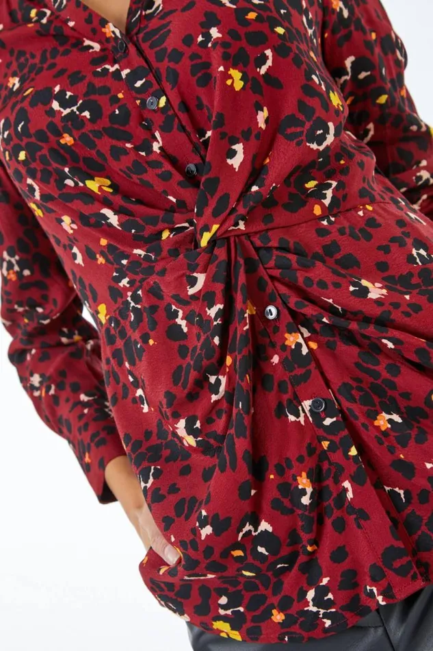 Copper Leopard Print Knot Detail Long Sleeve Blouse Women Roman Tops