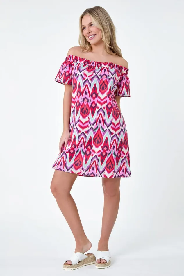Coral Petite Aztec Print Cotton Bardot Dress Women Roman Dresses