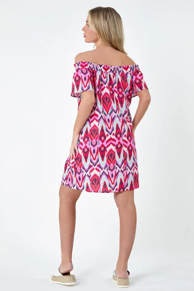 Coral Petite Aztec Print Cotton Bardot Dress Women Roman Dresses